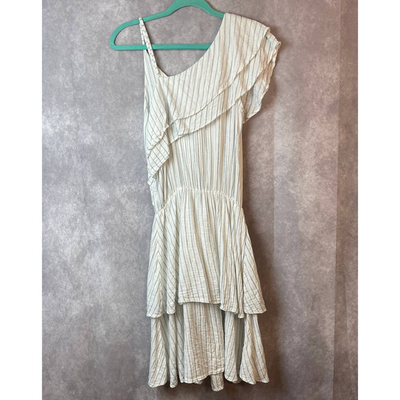 Touche Balneaire Dress Womens Medium 100% Linen Ruffle Tired Blue Cream - Picture 5 of 10